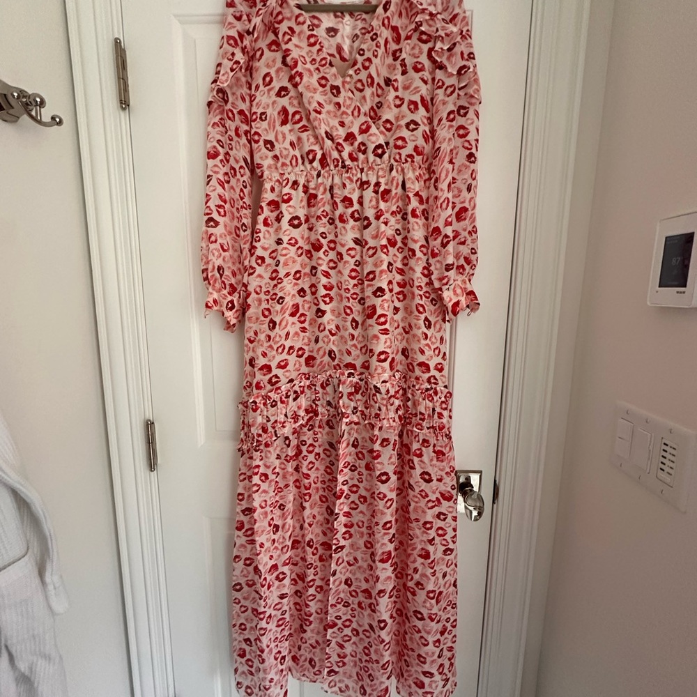 Rachel Zoe 100% Silk NWT Lipstick Print Maxi Ruffle Dress - Picture 4 of 11